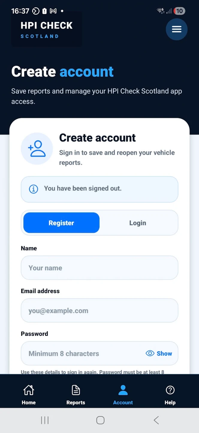 Create account screen